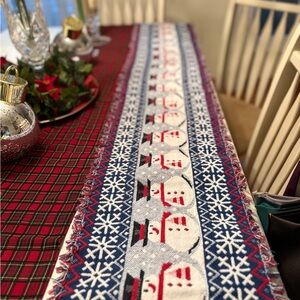 Vintage Woven Christmas Table Runner Snowmen with Fringe